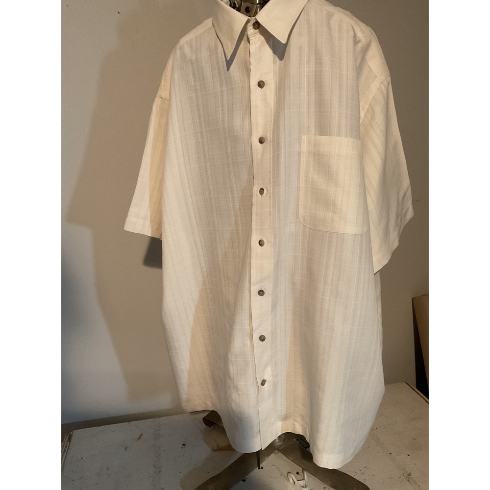 Roundtree & Yorke Mens 2X Cream Modal Blend Short Sleeve Button Up Grid Shirt